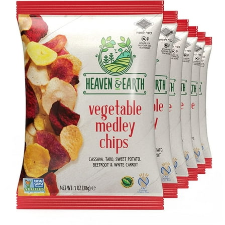 Heaven & Earth Veggie Chips, Root Vegetable Medley Chips 1oz (6 Pack) Thin & Crisp | Perfect Snack & Salad Topper | Non GMO | Certified Kosher