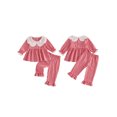 thumbnail image 2 of RUINIXCW Toddler Baby Girl Fall Outfits Casual Plaid Doll Collar Long Sleeve Tops with Ruffled Trim Pants 2 Pcs Set, 2 of 9