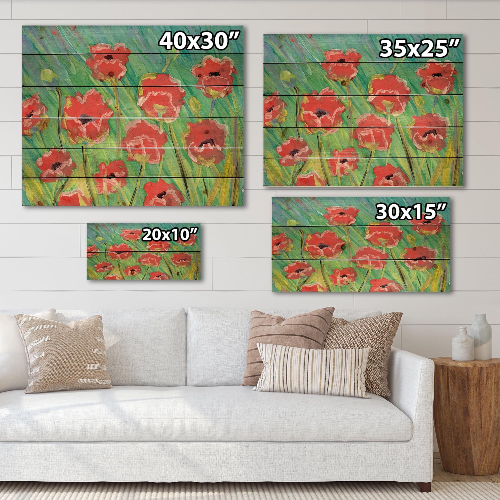 Designart 'Gouache Of Blooming Red Poppies' Traditional Print on Natural Pine Wood