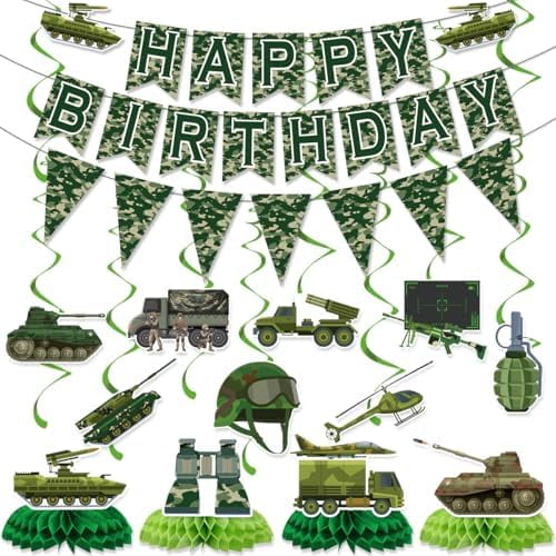 Army Birthday Party Decorations Include Happy Birthday Banners Camo Bunting Banners Hanging Swirls Honeycomb Centerpieces Military Birthday Theme Party Supplies$$Home Decor, Kitchen, & Other