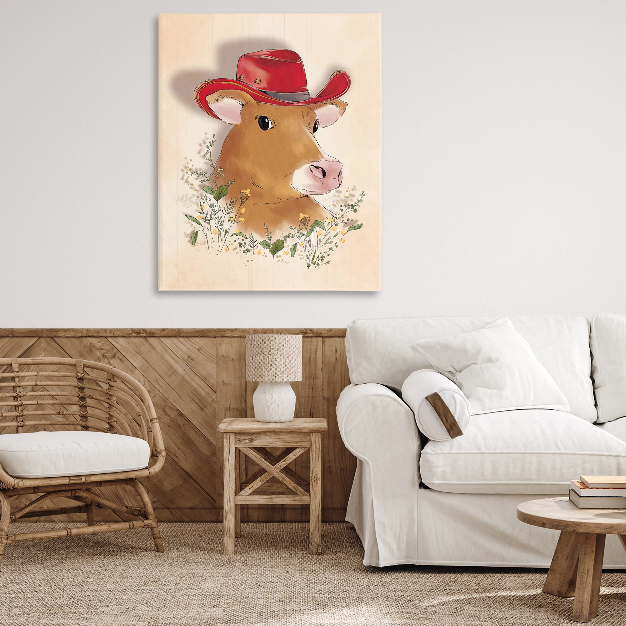 Stupell Industries Cow with Red Cowboy Hat Animals Painting Wrapped Canvas Art Print Wall Art, 36 x 48