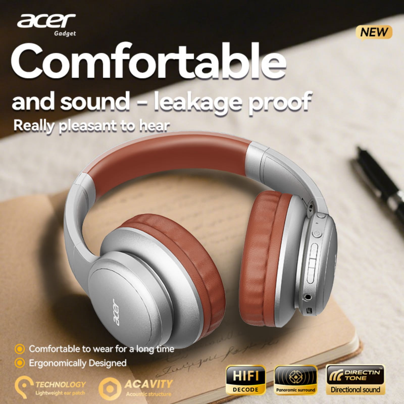 Acer Over-ear Headphones with 60H Playtime, Hi-Res Audio Foldable and Comfortable, Silver