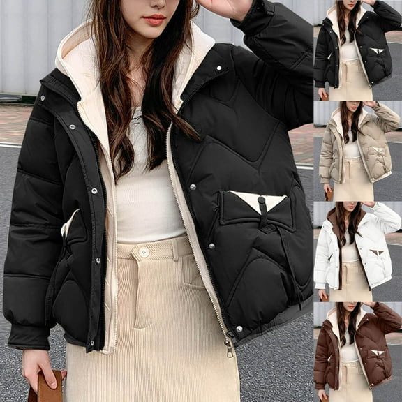 Mifsaly Womens Quilted Jacket with Hood Double Zip up Oversized Thermal Padded Coats Long Sleeve Lapel Thick Warm Winter Outerwear with Pockets