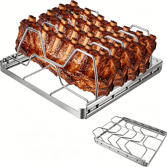 TUWAFE Rib Rack for Smoking and Grilling,Smoking-Holds Up to 4 Full Racks of Ribs for Standing Rib Roast,Stainless Steel Meat Resting Rack for Outdoor Grill Camping Picnics Barbecue Grills