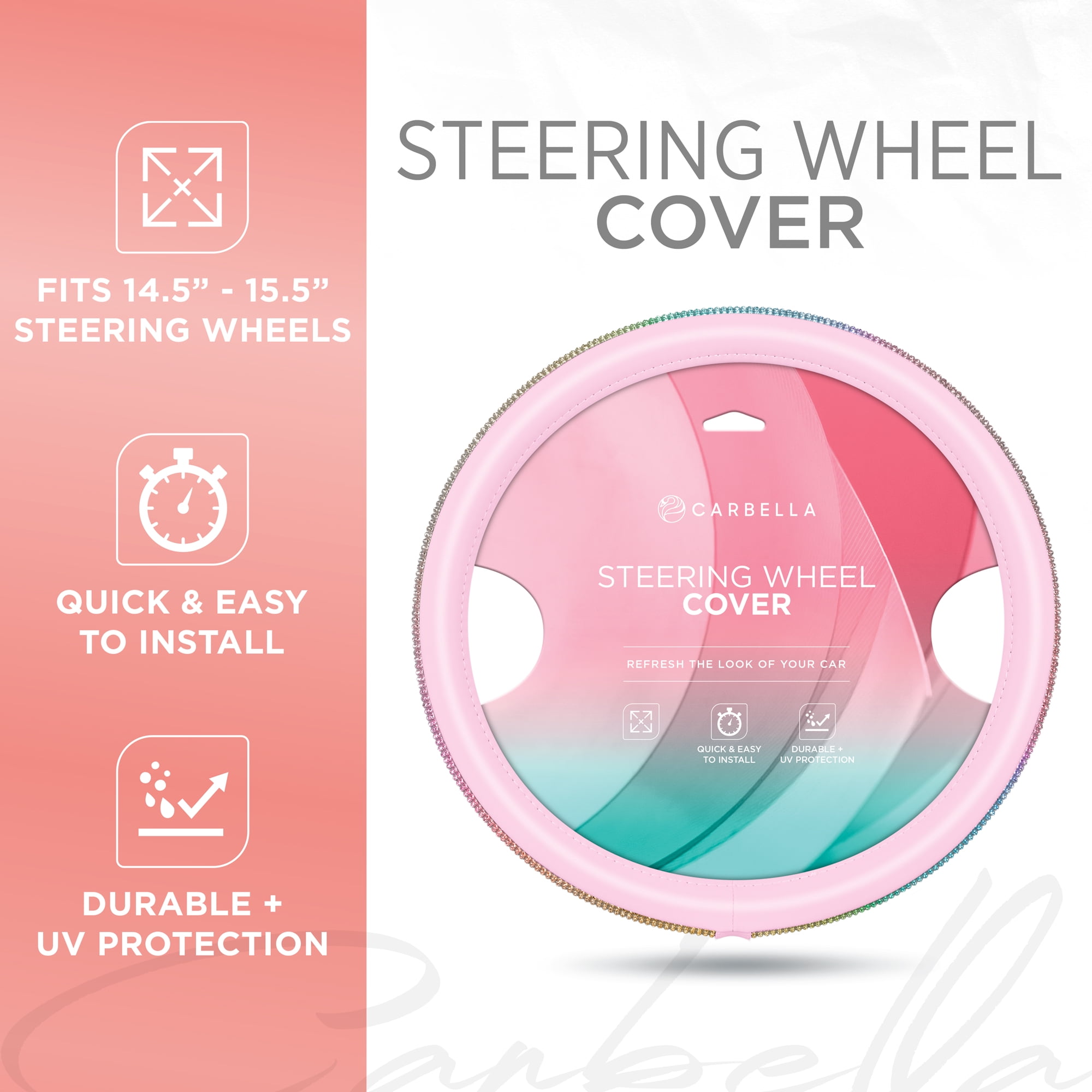 Carbella Pink Diamond Bling Steering Wheel Cover for Women, Standard 15 Inch Size Fits Cars Trucks SUV