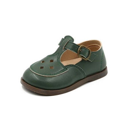 

Avamo Girls Leather Shoe Hollow Out Flats Ankle Strap Dress Shoes Children Mary Jane Kids Anti-Slip T-Strap Green 11.5C