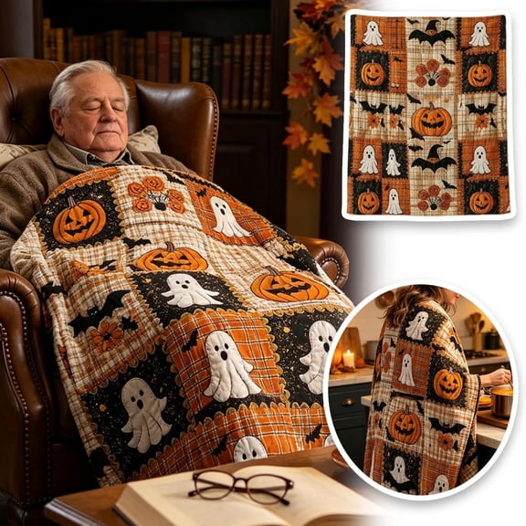 Halloween Pumpkin Ghost Bat Print Flannel Blanket, Patchwork Plaid Design, Soft Microfiber, Lightweight Warm, Halloween Decor Blanket for Sofa Couch Bed