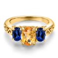 thumbnail image 3 of Gem Stone King 18K Yellow Gold Plated Silver Yellow Citrine and Blue Created Sapphire Filigree Style 3 Stone Ring for Women (2.45 Cttw, Oval 8X6MM and 6X4MM) (Size 5), 3 of 6