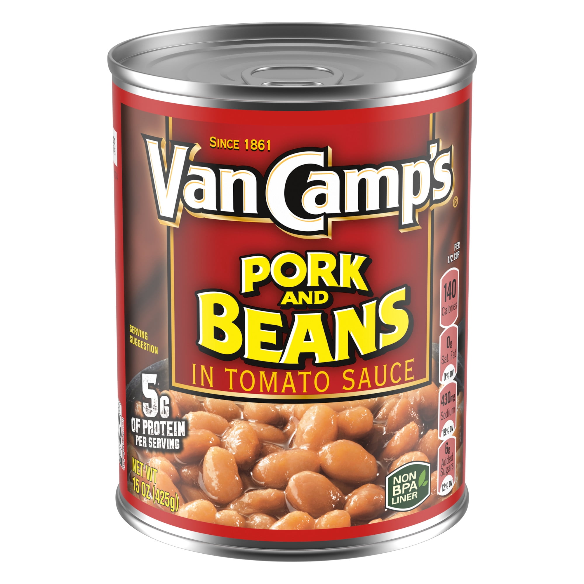 Van Camp's Pork And Beans In Tomato Sauce, 5g Protein Per Serving, Canned Beans, 15 oz. Can