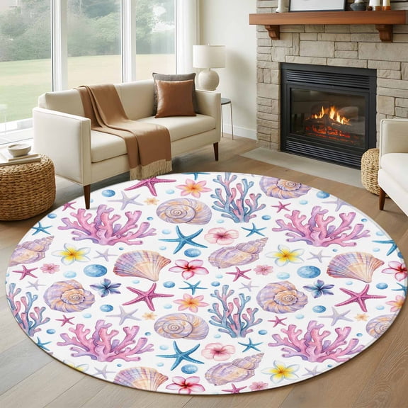 Beach Coastal Round Area Rug 8Ft Washable Large Circle Rugs for Living Room Dorm, Ocean Summer Nautical Shell Starfish Coral Non-Slip Carpet Floor Mats Indoor Outdoor Carpet Runner Home Decor