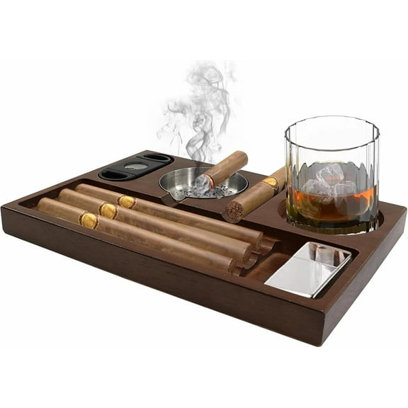 Cigar Ashtray, Wooden Cigar Ashtrays with Cutter, Cigar Holder & Whiskey Stand-3 Cigar Slots, Heavy Cigar Accessory for Home Outdoor