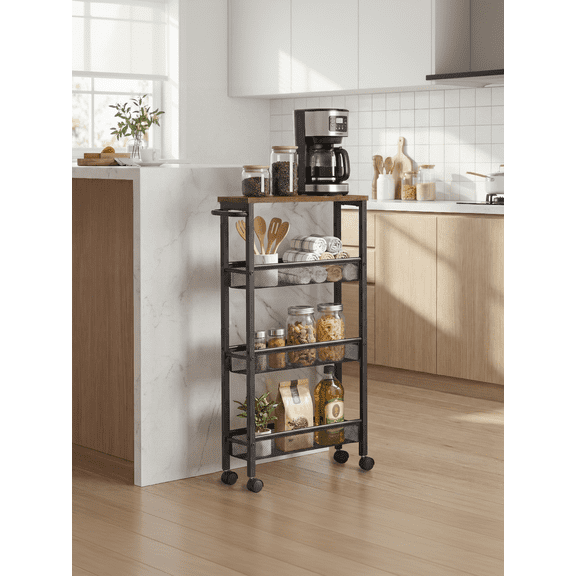 VASAGLE Carro de 4 Niveles, Carro Estrecho de Cocina con Ruedas, 13 x 45.4 x 77 cm, con Asa, para Espacio Reducido, para Cocina, Baño, Salón,Estudio, Marrón Rústico y Negro