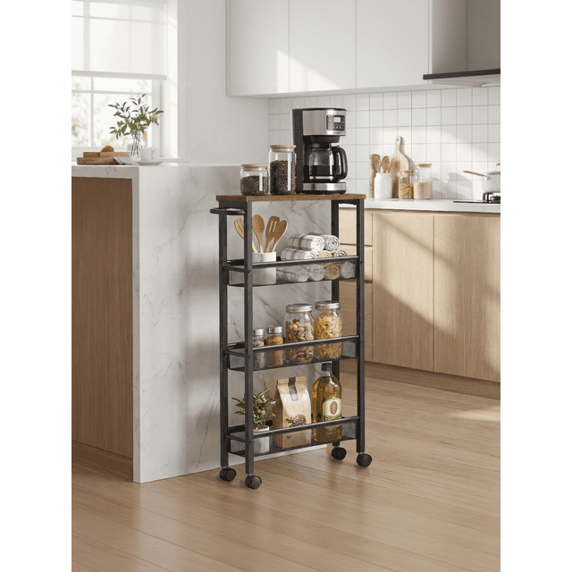 VASAGLE Carro de 4 Niveles, Carro Estrecho de Cocina con Ruedas, 13 x 45.4 x 77 cm, con Asa, para Espacio Reducido, para Cocina, Baño, Salón,Estudio, Marrón Rústico y Negro
