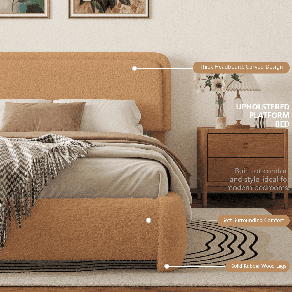 VIPLOV King Size Boucle Bed Frame, Cloud Upholstered Platform Bed with Height Adjustable Headboard & Soft Rounded Corners, No Noise Free, Easy Assembly,Brown