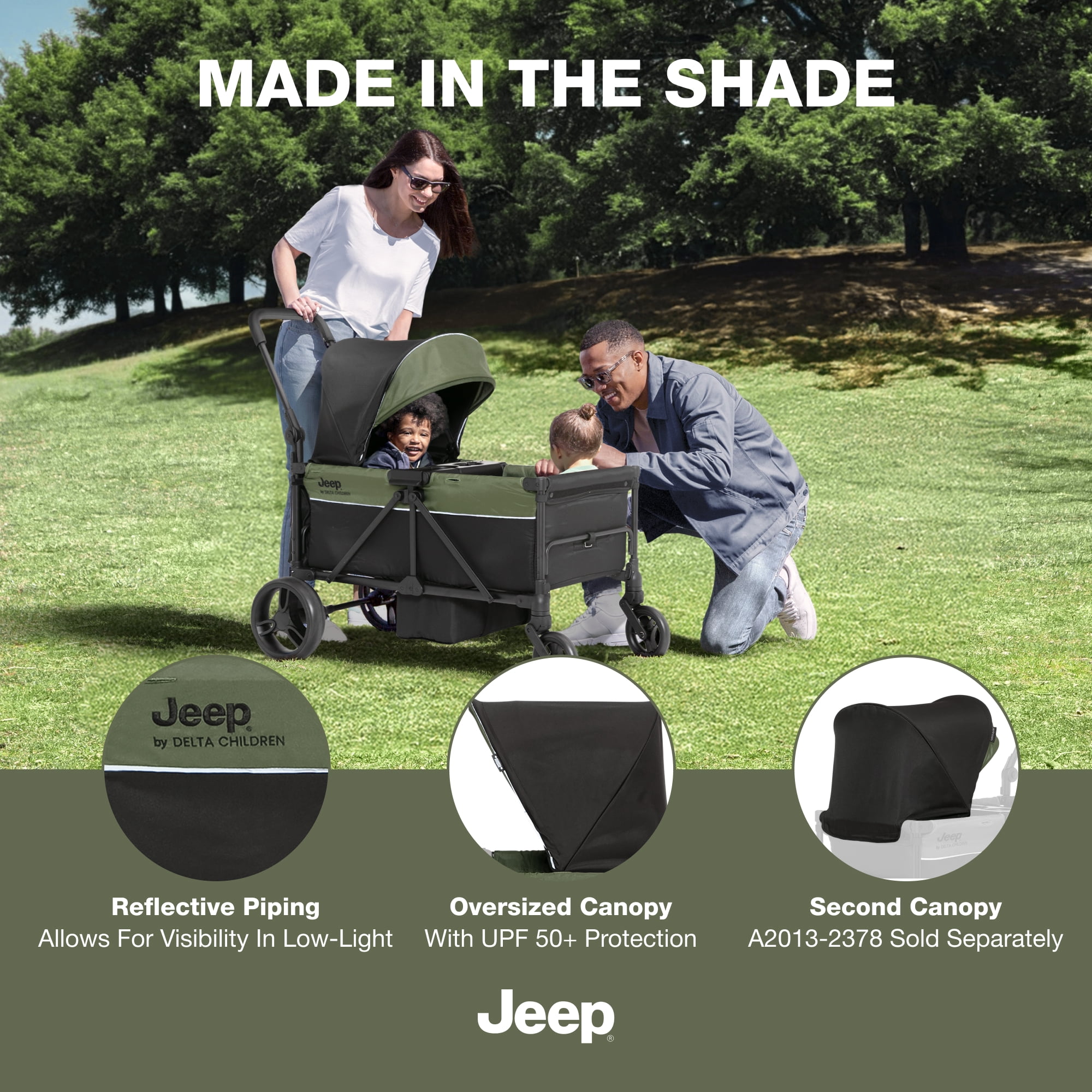 Jeep TurboGlyde Stroller Wagon by Delta Children – Extended Footwell for More Leg Room, Greenguard Gold Certified, Black/Green