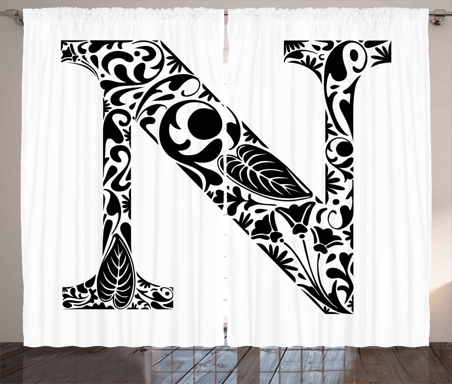 Letter N Curtains 2 Panels Set Black And White Floral Arrangement