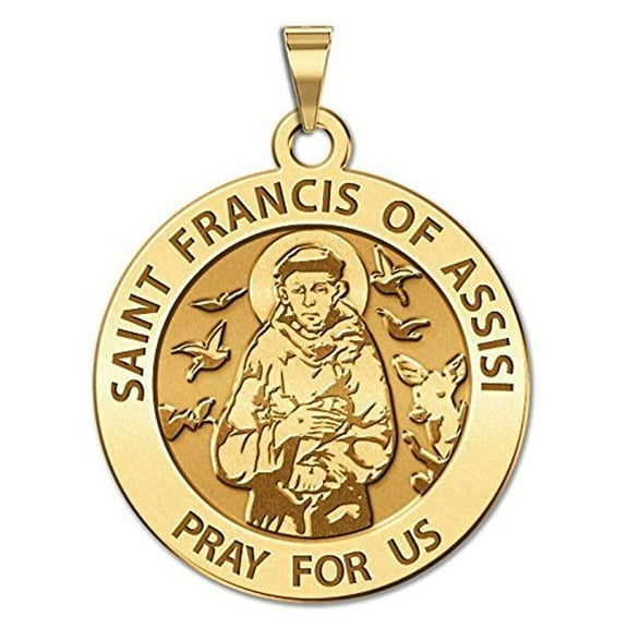 Saint Francis of Assisi Religious Medal - 1 in Size of a Quarter - Solid 14K Yellow Gold