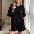 thumbnail image 2 of Tqcoqu Women's Solid Waffle Knit 2 Piece Pajama Set,Crew Neck Loose Short Sleeve Top & Elastic Waist Shorts,Casual Summer Loungewear Sleepwear Outfit Set for Women,Black Women's M-XXL, 2 of 6