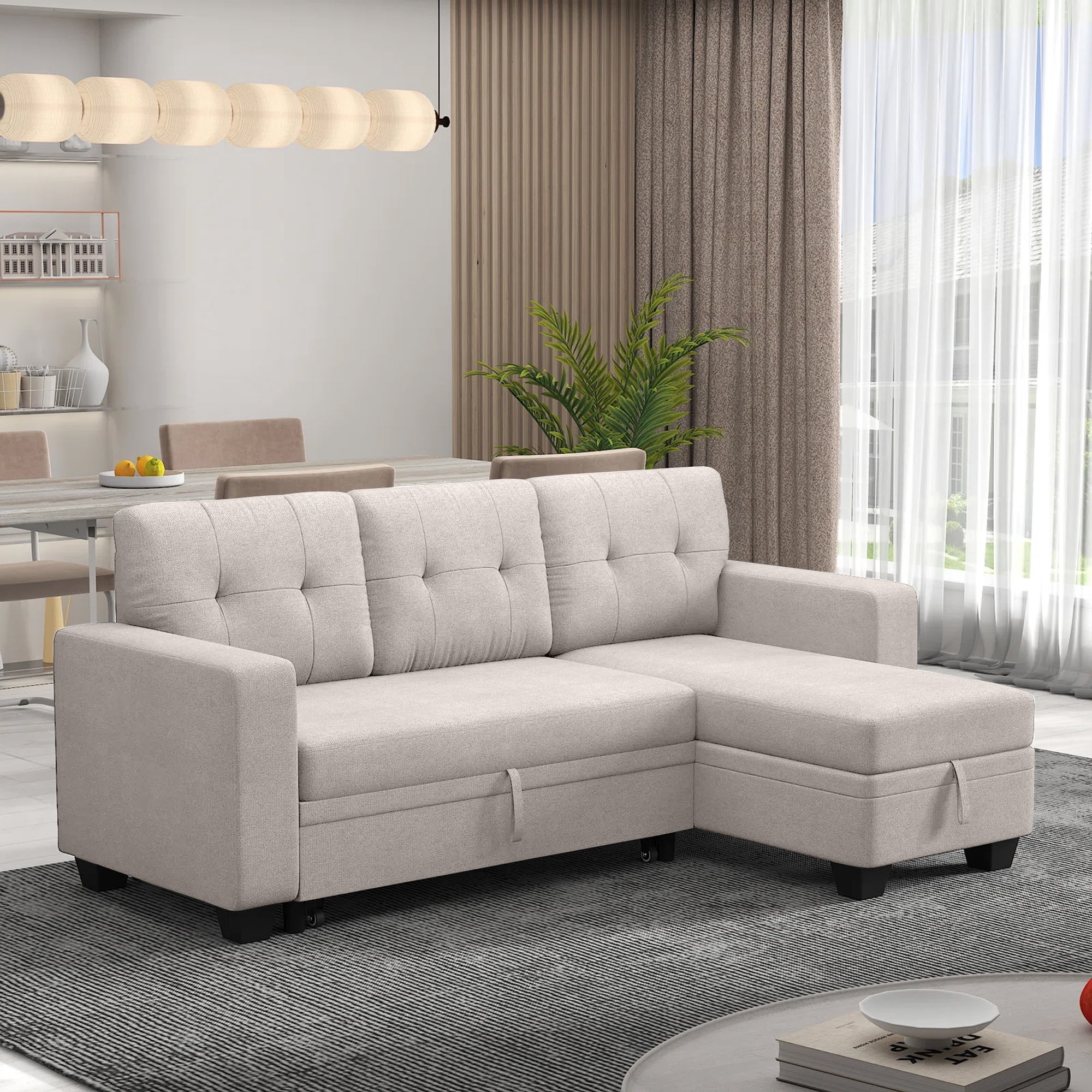 DEALTOPS Linen Reversible Sleeper Sectional Sofa Bed with Storage Chaise,Beige