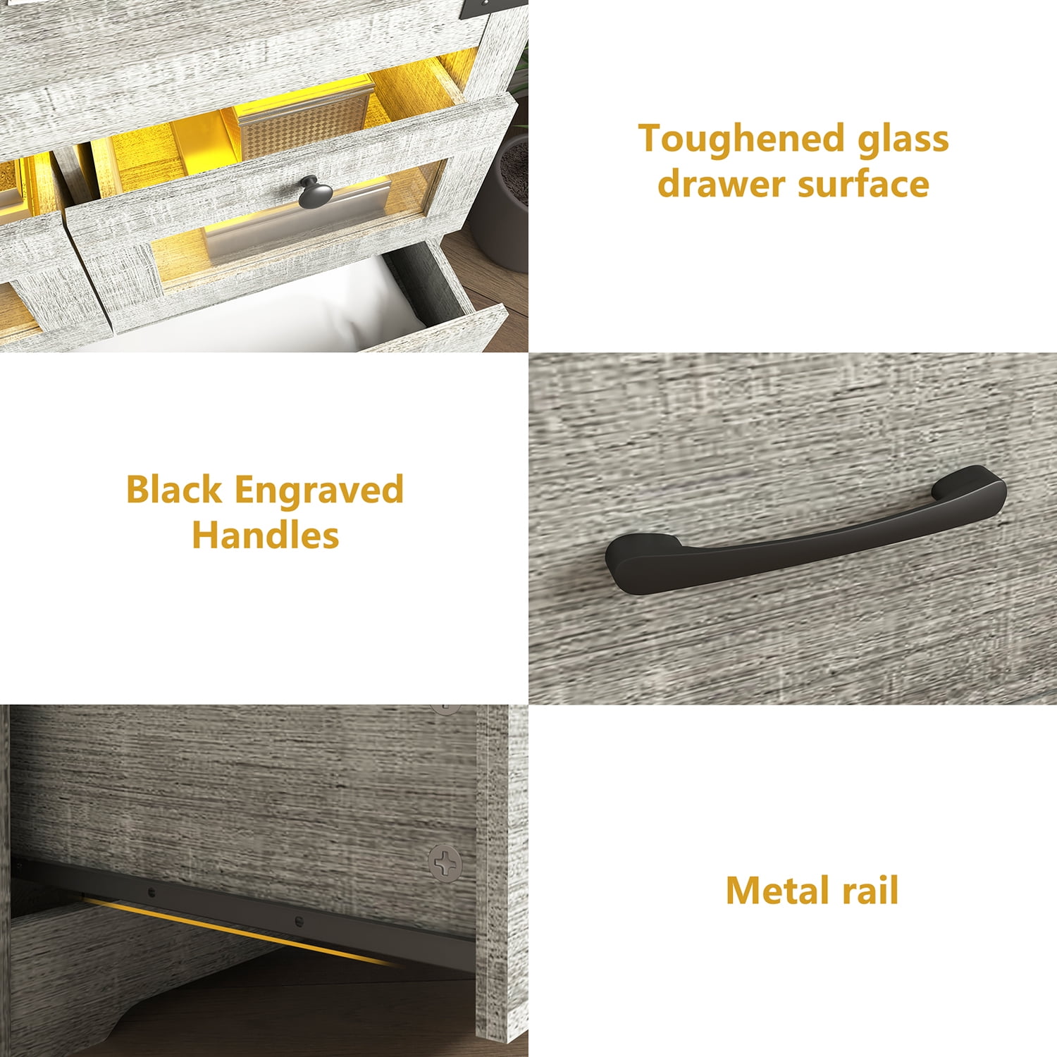 Kadyn 7 Drawer Dresser, Sideboard Storage Cabinet with LED Light, Chest of Drawers for Hallway, Cement Grey