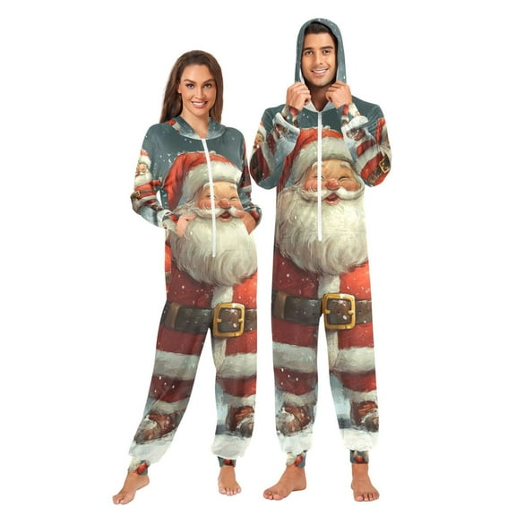 Cartoon Christmas Santa Adult Onesie Pajamas Slim Fit Christmas One Piece Suit Pjs for Women and Men Hooded Zipper