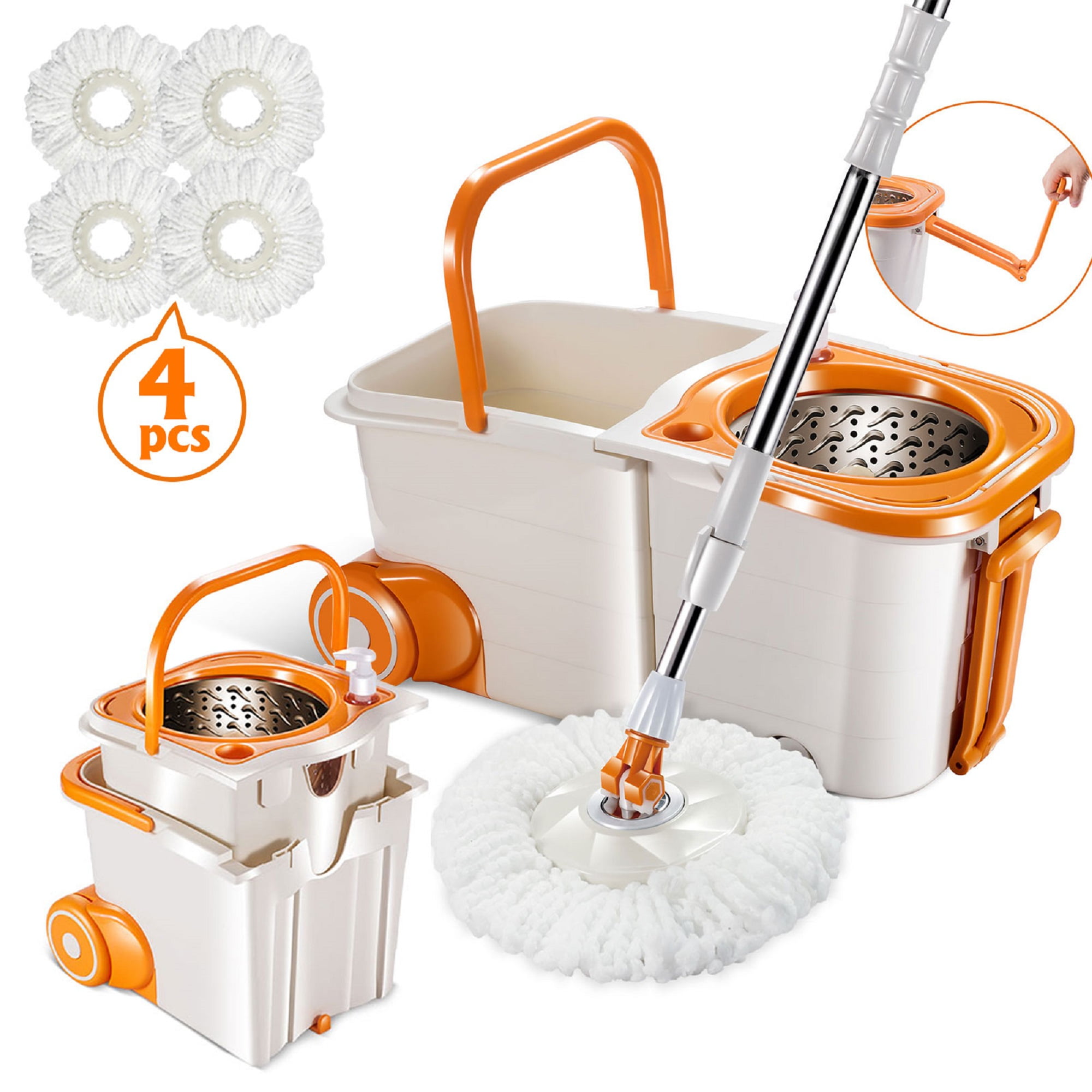 Mastertop Mop and Bucket Wringer Set for Floor,Spin Mop and Bucket System Set with 4 Microfiber Mop Pads