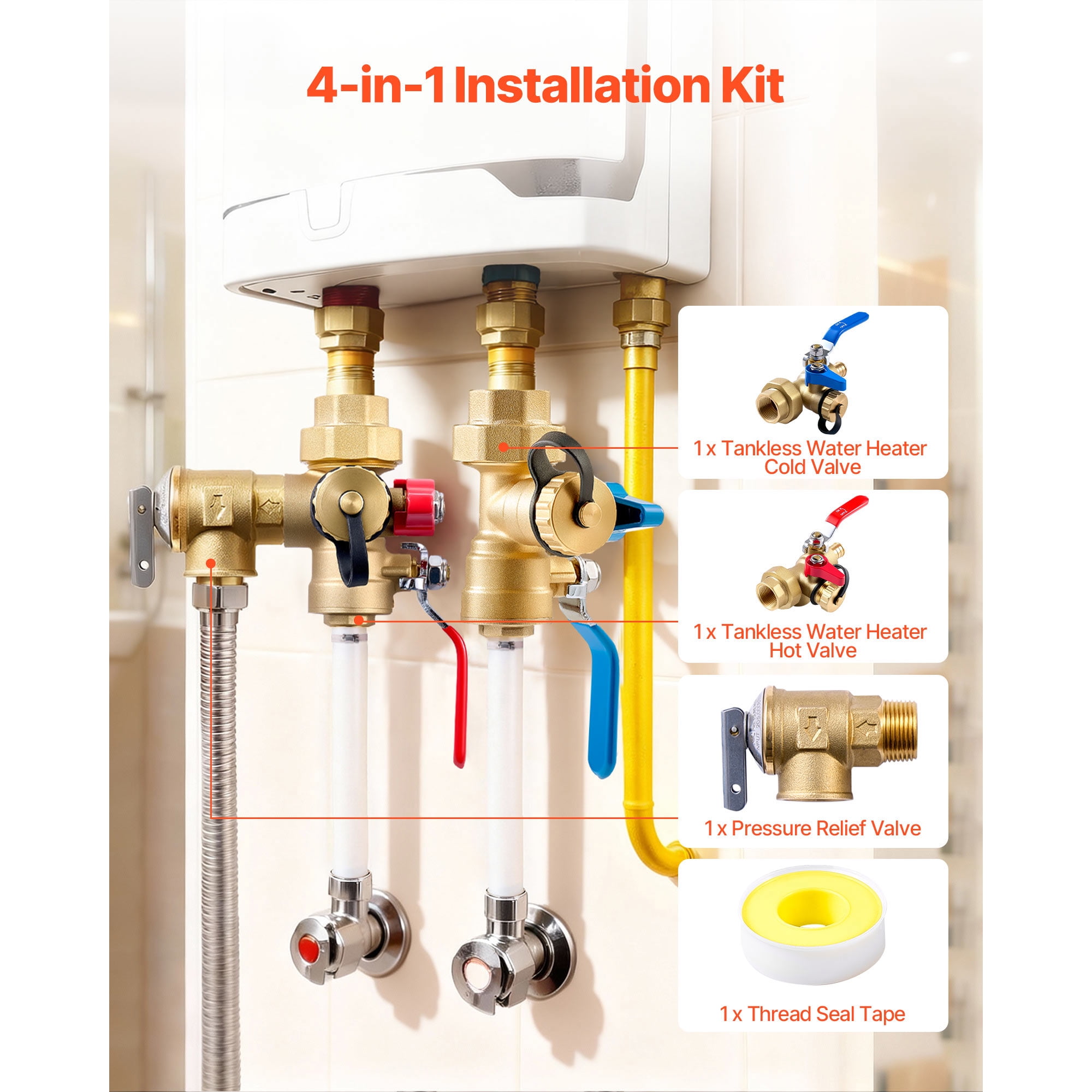 KFFKFF Tankless Water Heater Service Valve Kit, 3/4 Inch with 2PCS 3/4″ NPT to 3/4″ PEX-B Isolation Valves, Pressure Relief Valve, Lead-Free Brass, Compatible with Most Tankless Water Heaters