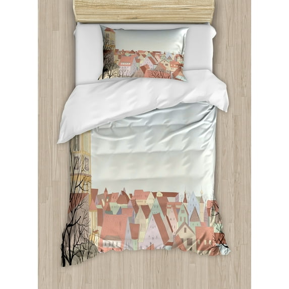 Croatia Duvet Cover Set Twin Size, Cityscape Sketch of Pedestrian Street in Old European Town Vintage Urban Scenery, Decorative 2 Piece Bedding Set with 1 Pillow Sham, Multicolor, by Ambesonne