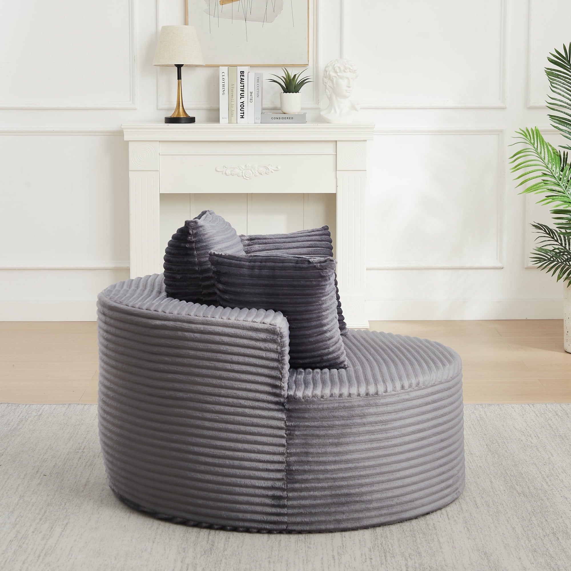 Leumius Corduroy Lounge Chair,Deep Seat Single Sofa with Pillow, Round Chaise Longue Chair for Living Room,No Assembly Required,Gray