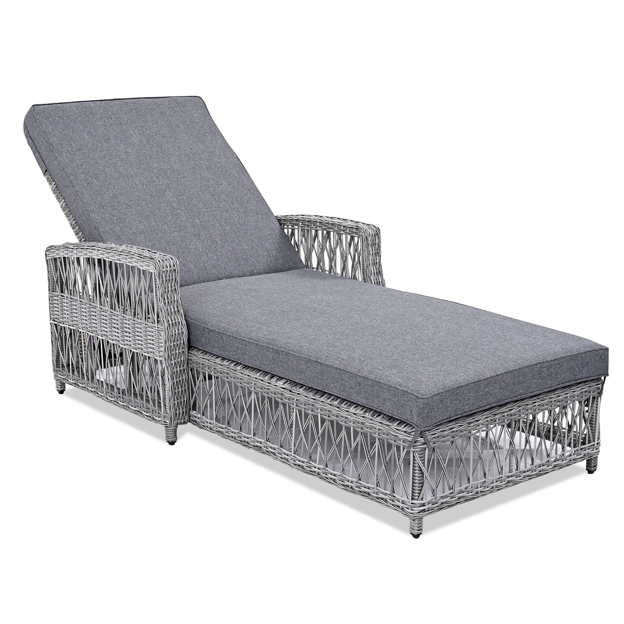Euroco Outdoor Long Reclining Chaise, Wicker Lounge with Armrests, Patio Adjustable Recliner with Soft Removable Cushions, All Weather Rattan Pool Lounge
