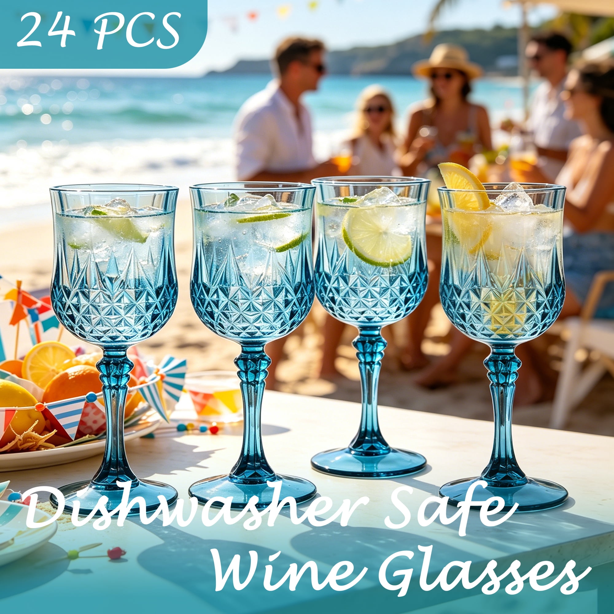 ZHURUININ Reusable Plastic Wine Glasses ，Blue，7oz，24Pack