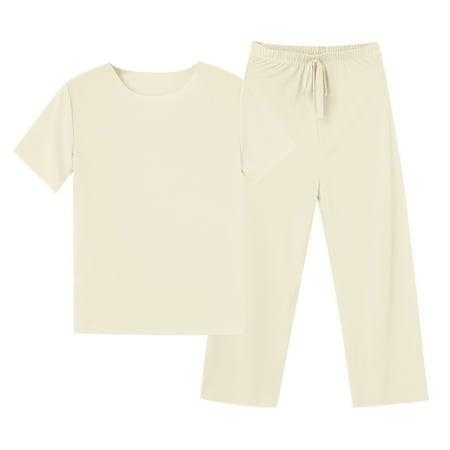 

JDEFEG Plus Size Dresses Womens Short Sleeved Trousers Pajamas Homewear Suit Loose Ice Silk Short Sleeved Large Wide Leg Pants Solid Color Suit Elastic Waist Shirt Beige