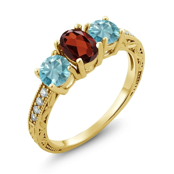 Gem Stone King 2.69 Ct Oval Red Garnet Blue Zircon 18K Yellow Gold Plated Silver Moissanite Ring (Size 6)