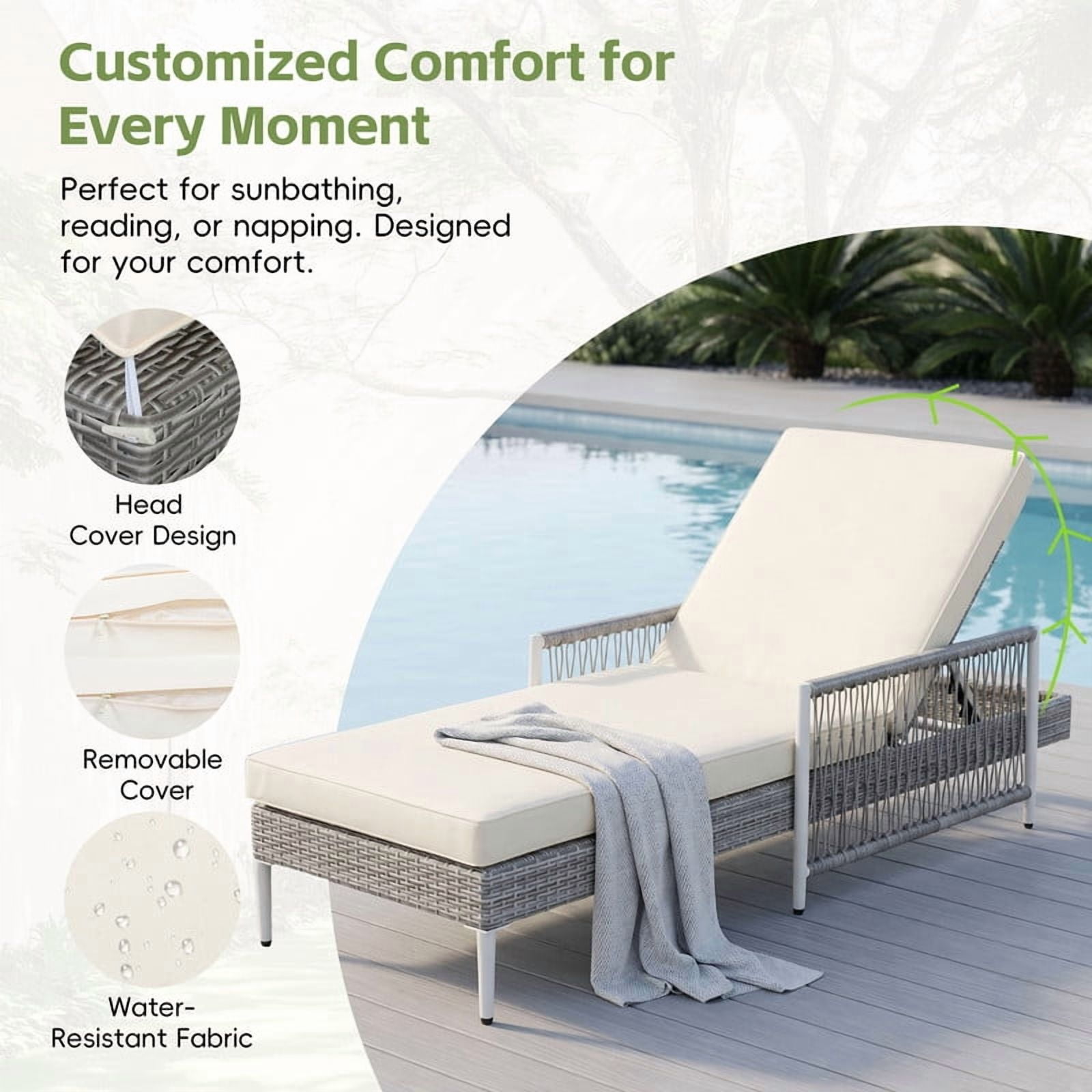 Howcool Outdoor All-Weather PE Rattan Chaise Lounge,Hand-Woven Wicker Patio Recliner with 6 Adjustable Positions, Armrests, Thick Cushion & Removable Cover,400 lbs Capacity,Gray