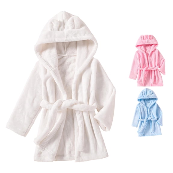 REDARER Kids Solid Hooded Bathrobe Thick Plush With 3D Ears Long Sleeve Self Tie Warm Autumn Winter Sleep Robe,12-24 Months