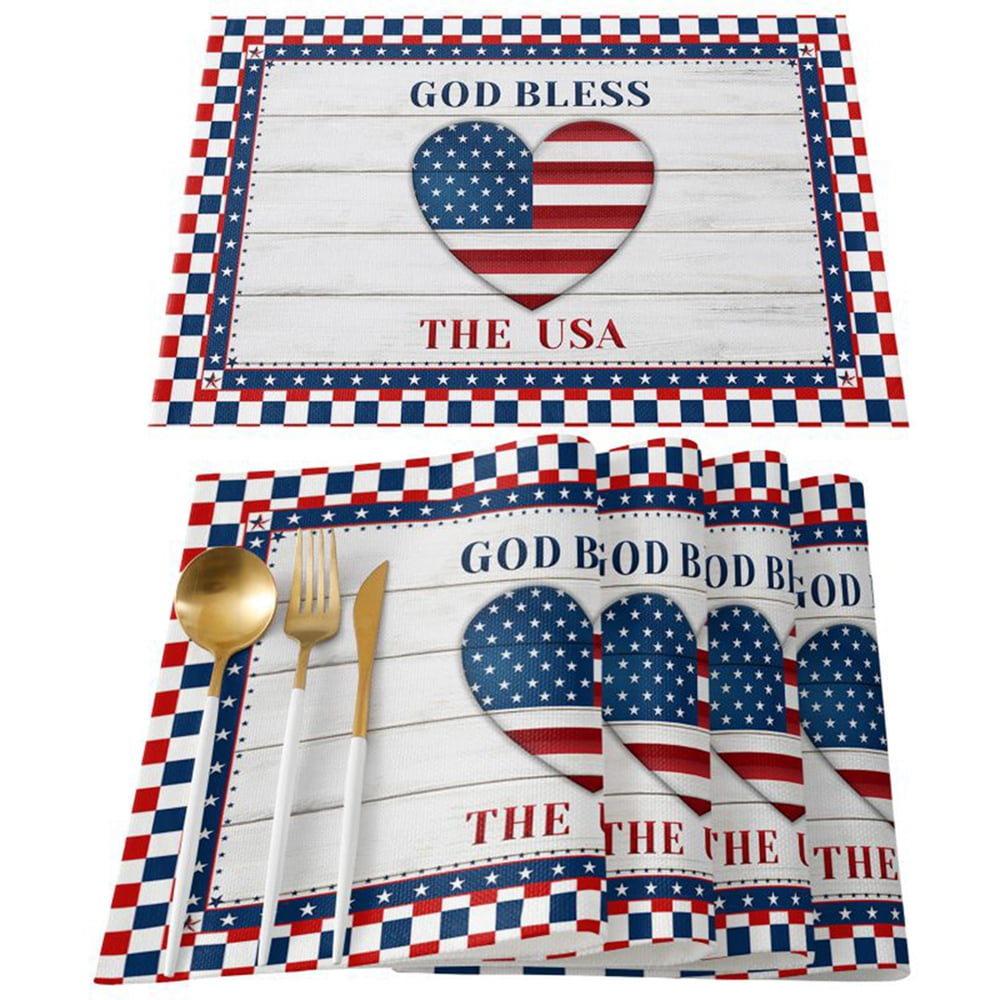 Fourth of July USA American Flag Farm Trucks Placemats Set of 4, Stars  Rustic Wooden Buffalo Check Heat Resistant Washable Table Mats Decoration  for