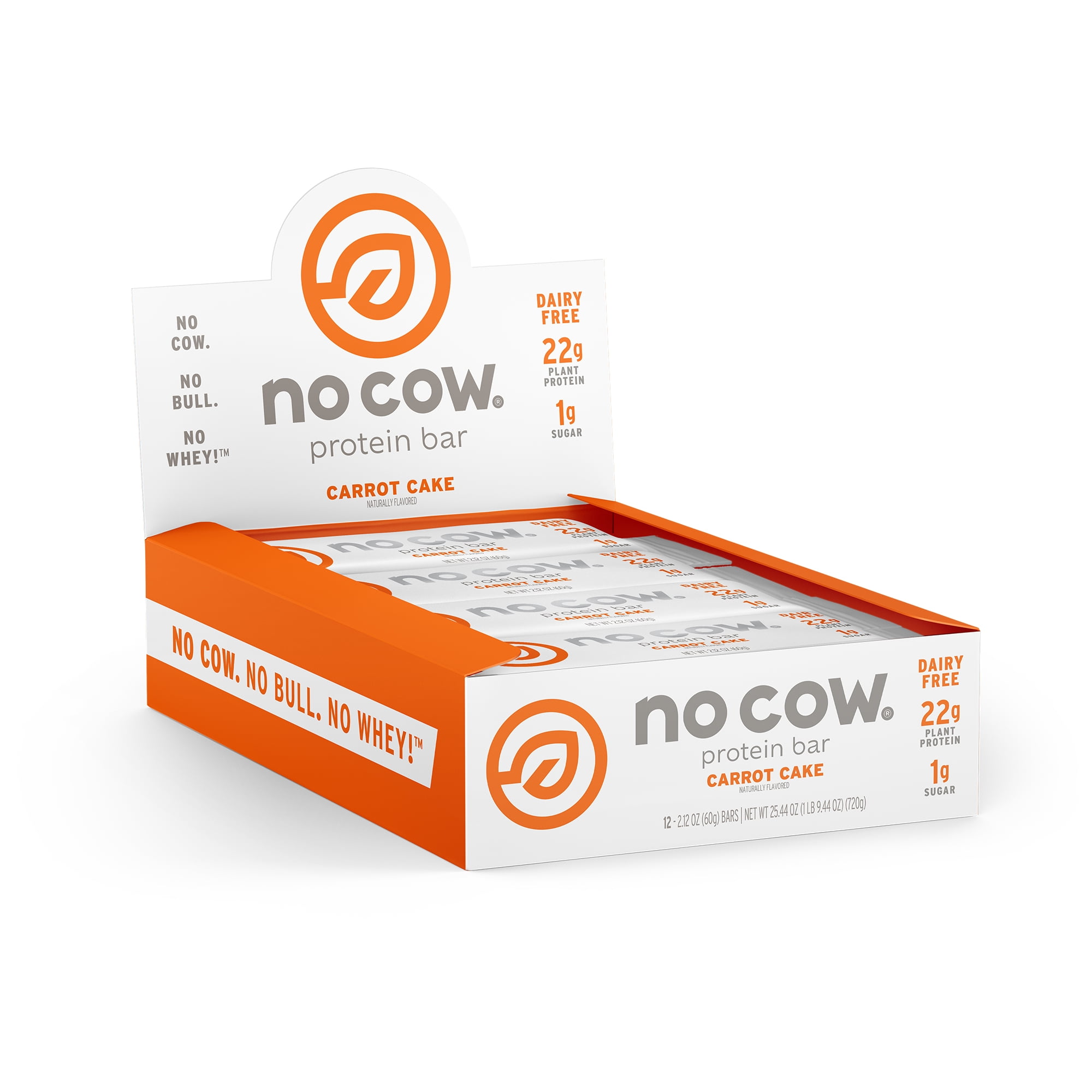 No Cow Vegan Protein Bars, Carrot Cake, Plant-Based, Box of 12