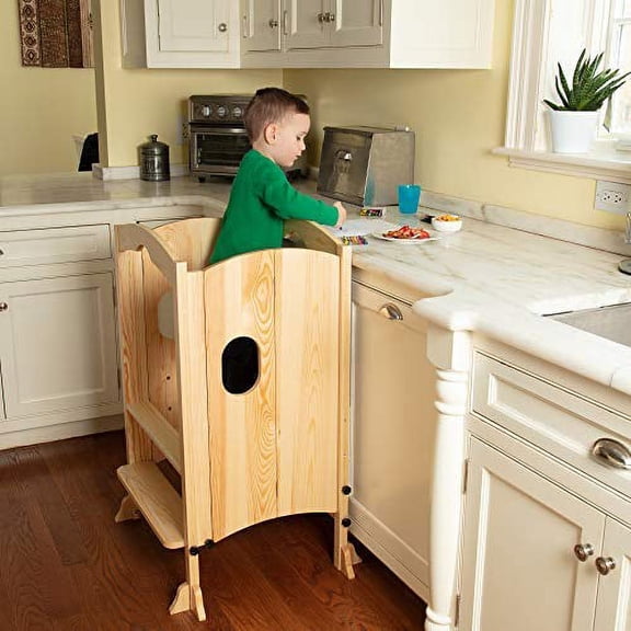 Wooden Kitchen Tower Step Stool Helper for Kids & Toddlers - Stand w 3 Adjustable Heights, Safety Rail & Treads, and Kitchen Knob Protector - Folds Flat for Easy Storage