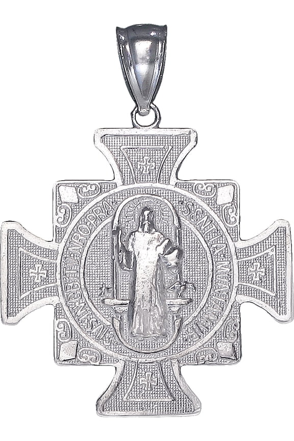 Sterling Silver Saint Benedict Cross Reversible Charm Pendant Necklace 1.3 Inches