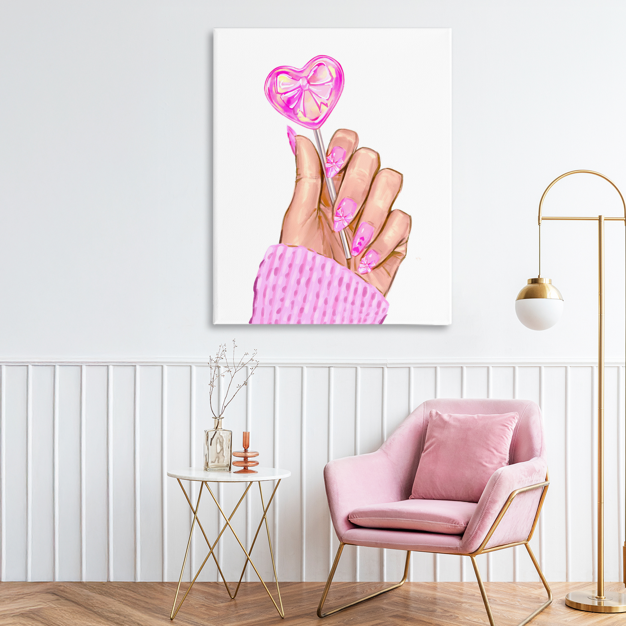 Pink Fashion Bow Lollipop Canvas Wall Art, design by Ziwei Li