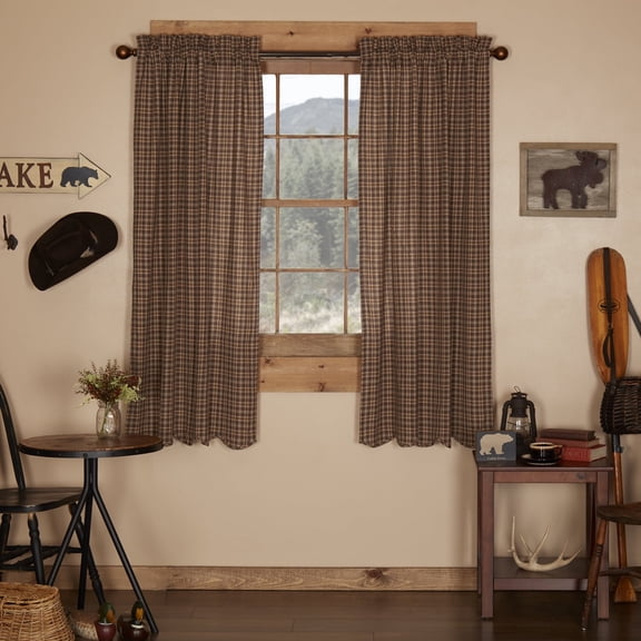 VHC Brands Prescott Rustic 63"x36" Panel Pair Brown Rod Pocket Cotton Plaid Tie Back(s) Window Curtains