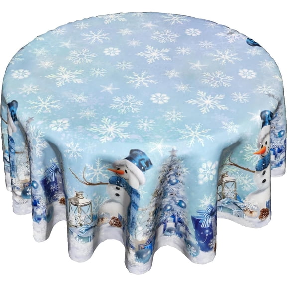 Winter Snowman Tablecloth Round 60Inch, Blue Christmas Trees Balls Table Cover for Kitchen Dining, Xmas Falling Snowflakes Gifts Table Cloth Washable Polyester for Holiday Indoor Outdoor Decor