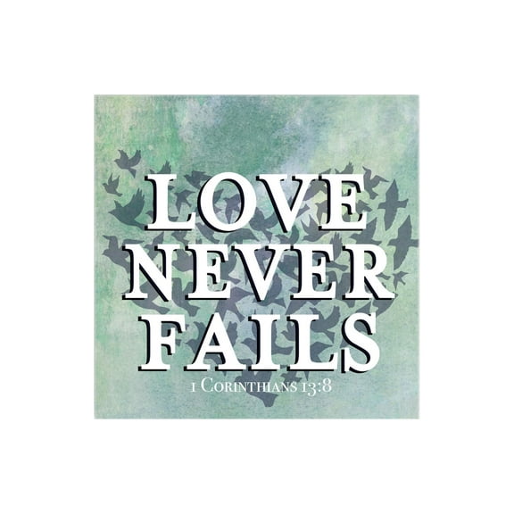 Love Never Fails Bluegreen Bird Heart 12 x 12 Wood Wall Sign Plaque