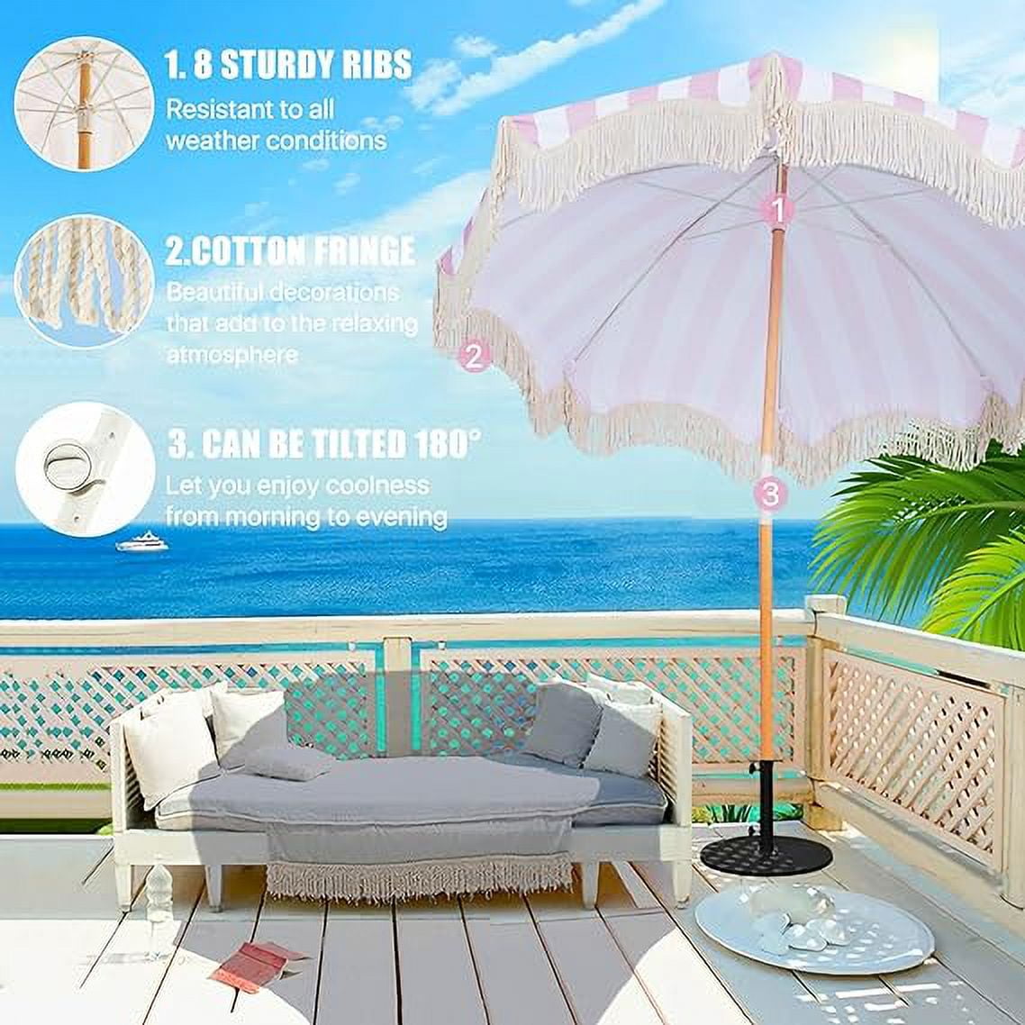 Boho 6ft Pink Stripe Round Patio Beach Umbrella, UPF 50+, Fringe, Adjustable Tilt, Waterproof
