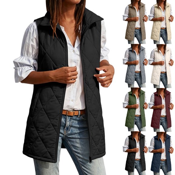 Women Mid-Length Hooded Puffer Vest,Sleeveless Full Zip,Warm Casual Layering Winter Outerwear Jacket,with Side Pocket