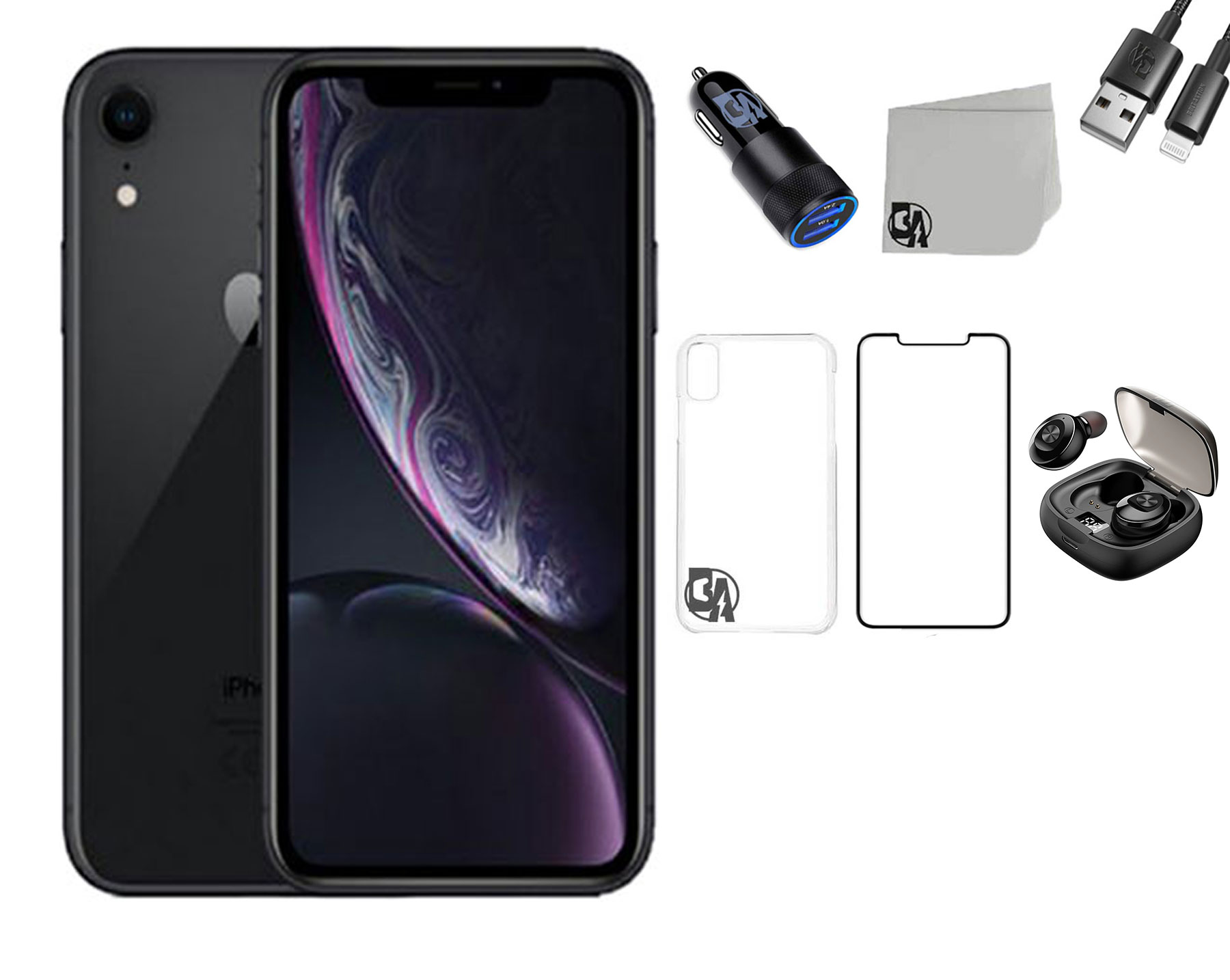 Used Apple Iphone XR 256GB Storage Fully Unlocked Black With AirPods TWS  Style 2 Bundle Used Very Good