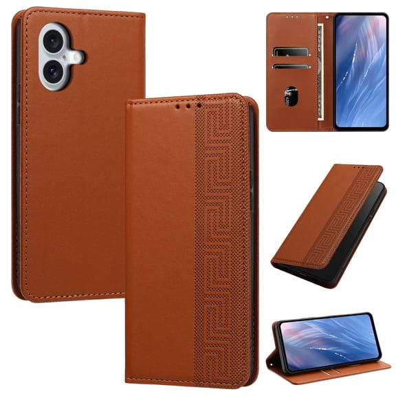 Feishell Wallet Case For iPhone 16, Premium PU Leather Flip Folio Cover with RFID Blocking Card Slots Cash Pocket Kickstand Wrist Strap Embossed Pattern Shockproof Phone Case,Brown