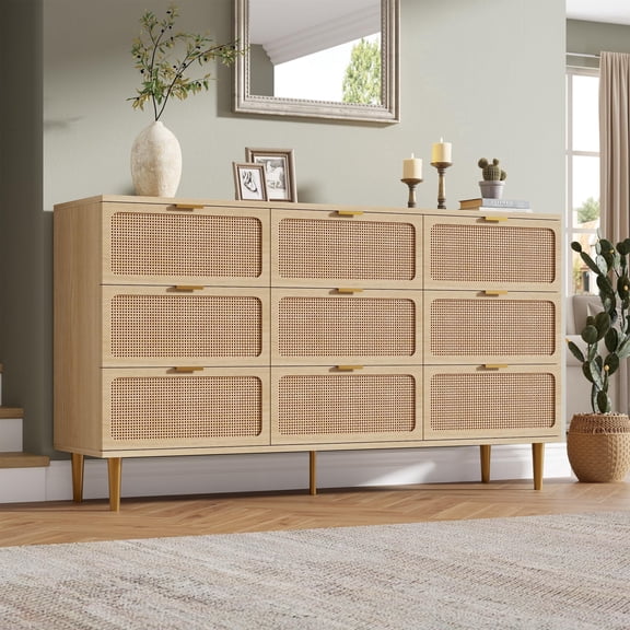 Panapinka Rattan 9 Drawer Dresser for Bedroom, Tall Wood Chest of Drawers with Deep Storage Drawers and Wide Top, Large Dresser for Closet, Living Room, Hallway or Kids Room