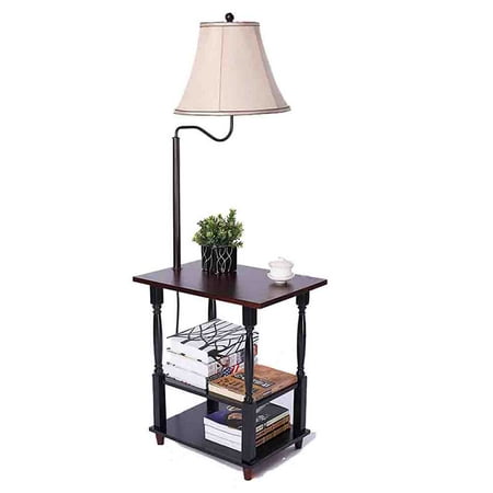 - Zimtown Wood Floor Lamp with Built-in Two-Tier Black Table with Open Display Space - Combination Tray lamp with Swing Arm White Shade