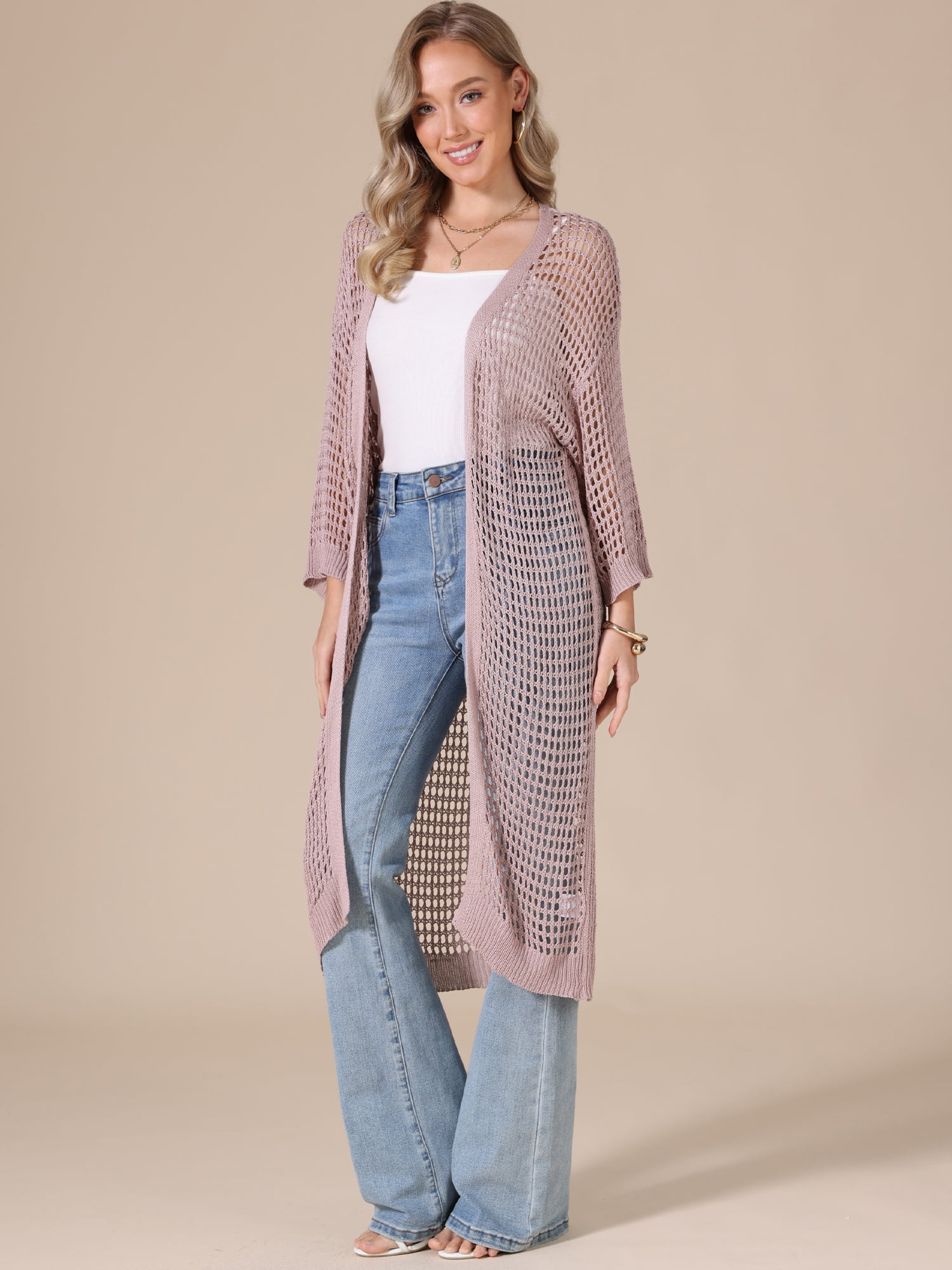 DARING DIVA Women's Long Sleeve Hollow Out Crochet Open Front Long Cardigan XL Pink